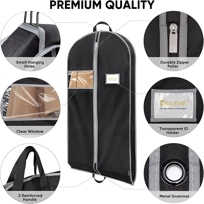 BALEINE 5PK Heavy Duty Garment Bag with Shoe Storage Travel Bag for Dresses, Suit, Coats Travel Essential (60", Black)