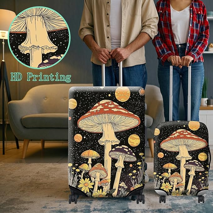 Luggage Cover + Tag, Mushrooms Travel Suitcase Protector for 22-24 inch Luggage (M) with Concealed Zipper, Washable Elastic Cloth, Dustproof, Anti-Scratch