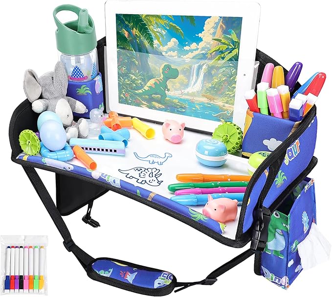 Kids Travel Tray for Airplane - Toddler Car Seat Table Tray, Road Trip Essentials for Boys & Girls, Carseat Lap Desk for Kids Road Trip Activities,Blue Dinosaur