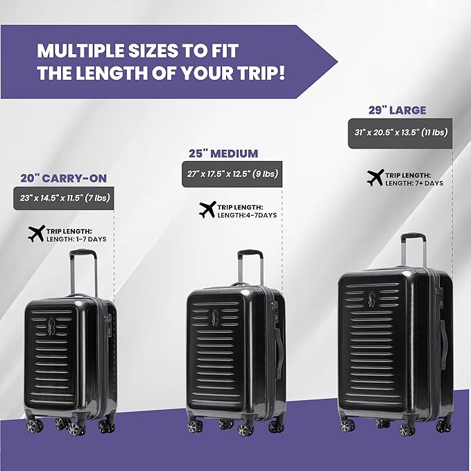 Spyder Rails 20 Inch Expandable Hardside Upright Suitcase with 360° Spinner Wheels, TSA Approved Lock, Black