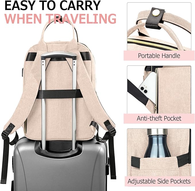 Laptop Backpack for Women, High School Bookbag for Girls with USB Port Charging, 15.6 Inch Water Resistant Computer Bag for Work, Travel College Back Pack Purse Gifts for Student Teacher, Beige