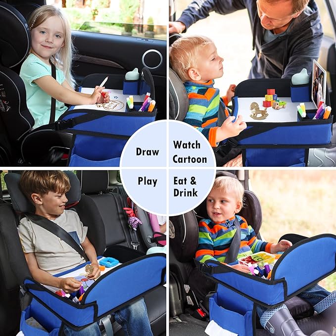 Kids Travel Tray for Airplane - Toddler Car Seat Table Tray, Road Trip Essentials for Boys & Girls, Carseat Lap Desk for Kids Road Trip Activities(Navy Blue)