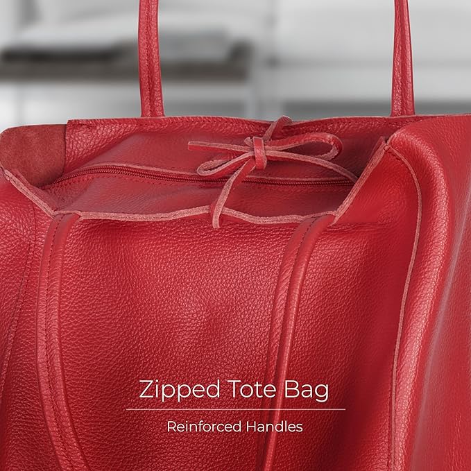 Italian Calf Leather Tote for Women with Zipper, Inner Pocket & Flat Base | Soft Unlined Shopper for Work & Travel