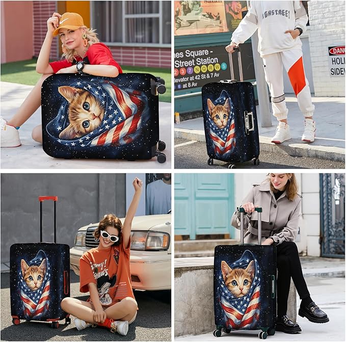 ANNA QUEEN Cute Patriotic Cat Luggage Cover, American Flag Suitcase Protector, Stretchable, Washable Travel Cover for 32-34 Inch Luggage