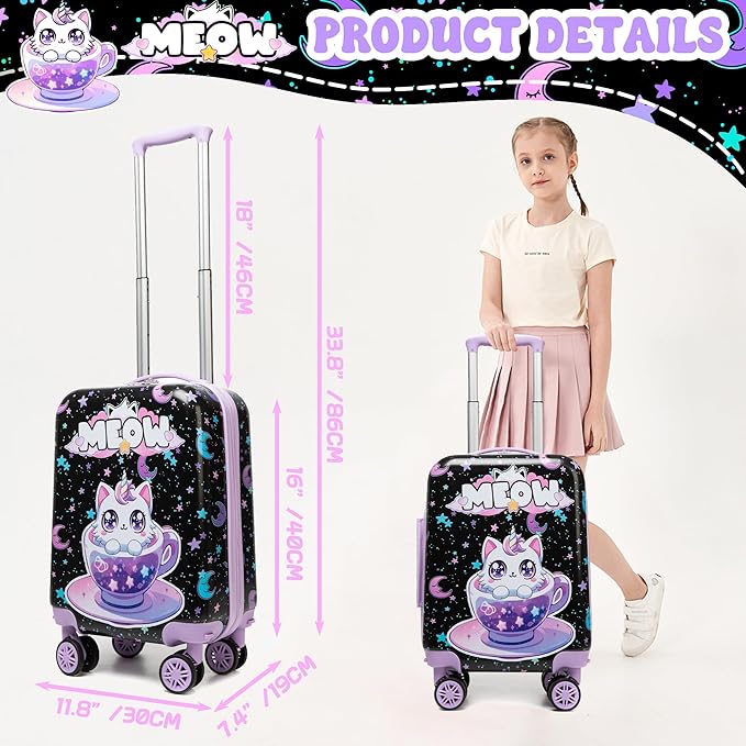 Cute Black Cat Kid's Luggage Set 2 Piece Suitcase Set 16" Hardside Luggage with Spinner Wheels Girls Carry on Toddler Travel Rolling Luggage Airline Approved