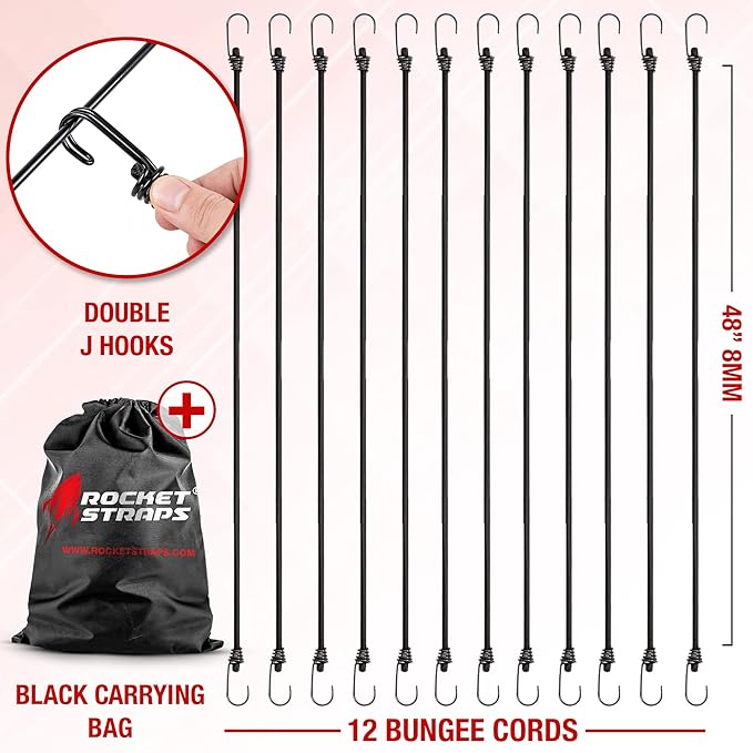 Ultimate Outdoor Bungee Cord Assortment - Heavy Duty Set of 12 Bungee Cords Double-J Hooks - Elastic Straps for Camping, Securing, and DIY and Multipurpose… (48")