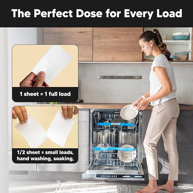 Dishwasher Dishwashing Detergent Sheets, Dish Soap & Dishwashing Tablets Alternative. Plant-Based, Eco-Friendly, Fully Biodegradable, Lemon Scent & Plastic Free Packaging (64 Sheets)