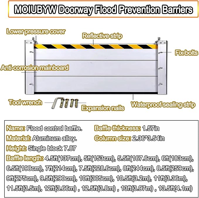 Reusable Flood Barrier, 3/4/5/6/7/8/9/10/11/12/13ft Long Heavy Duty Aluminum Water Barrier Shield for Sliding Glass Door/Driveway/Home Doorway, Removable Stopper Shield with Rubber(H 0.6ft