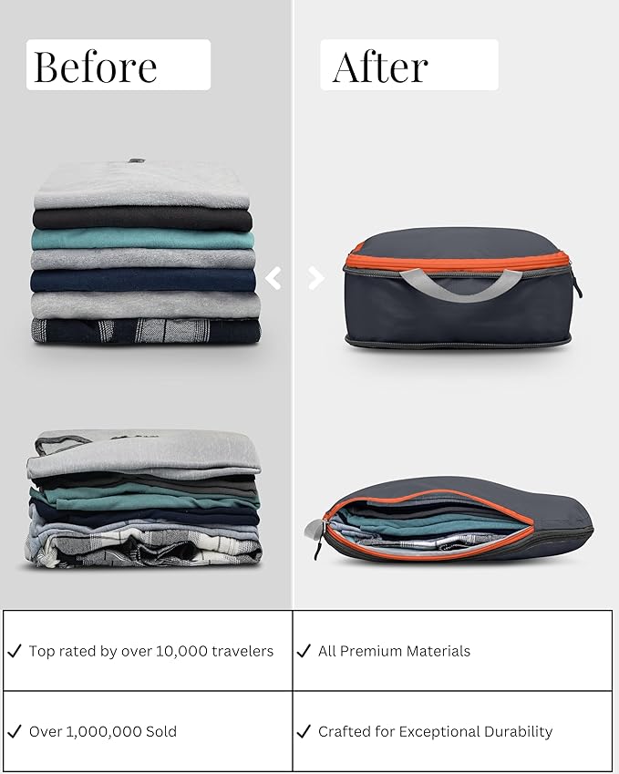 Large Compression Packing Cubes 6 Piece Set for Travel with Lightweight Laundry Bag/Drawstring Backpack for Carry-On Suitcase (Grey/Orange)