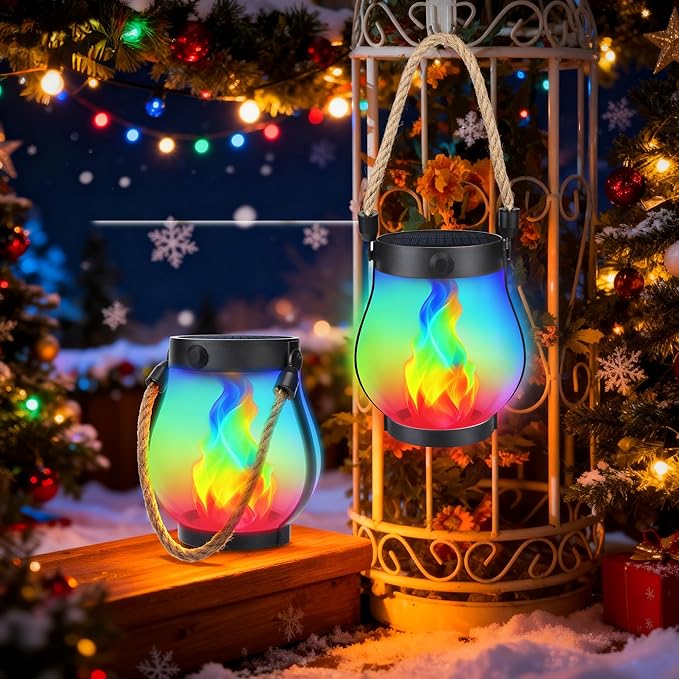 Christmas Solar Flame Lanterns Hanging Outdoor Waterproof - 2 Pack Flame Lanterns with Dual Charging Modes of Solar & USB for Garden or Yard Christmas Decorations (Multicolor - 2 Pack)