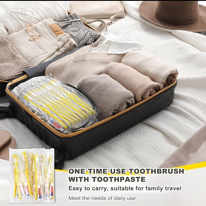 200pcs Disposable Toothbrushes with Toothpaste and Floss,Yellow Bulk Single Use Toothbrush Floss Pick Individually Wrapped Disposable Travel Toothbrushes Kit for Homeless,Airbnb,Hotel,Guest