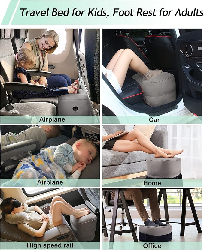 JefDiee Inflatable Travel Foot Rest Pillow,Kids Airplane Bed,Adjustable 3 Layers Height Leg Rest Pillow,Adults Travel Essentials Great for Airplane,Office,Home,Trains,Cars