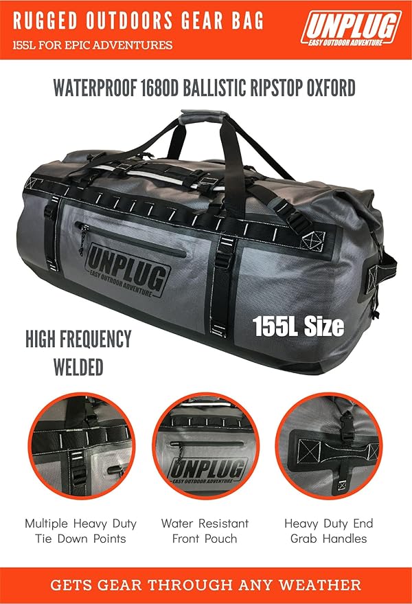 UNPLUG Waterproof Bags for Travel -1680D Heavy Duty Waterproof Duffel Bag for Camping, Motorcycle Dry Bag, Hunting Bag, Bug Out Bag, Waterproof Bags for Boating. Tactical Duffle Bag (155L Storm Grey)