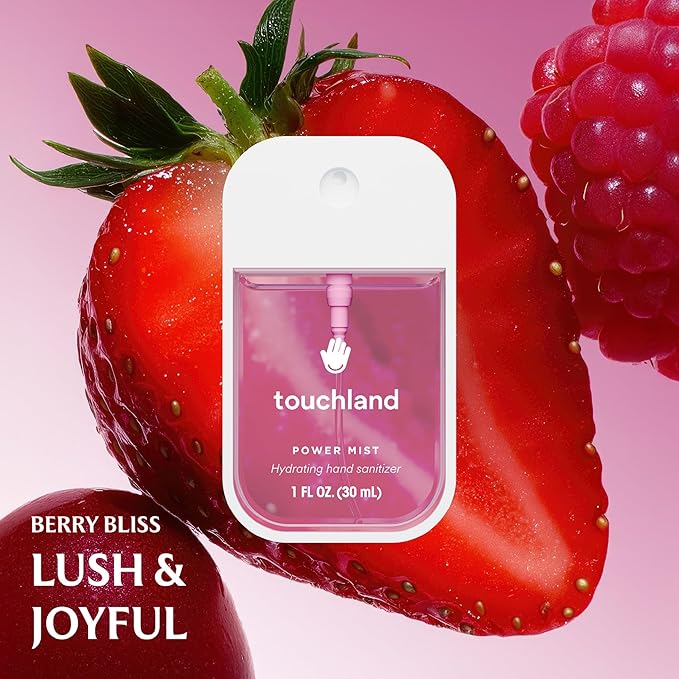 Touchland Hydrating Hand Sanitizer Spray Bundle, DREAM 5 Set (Watermelon, Berry, Beach Coco, Sandalwood Power Mists, Icy White Hand Mist Case), 1 FL. OZ. Travel Size