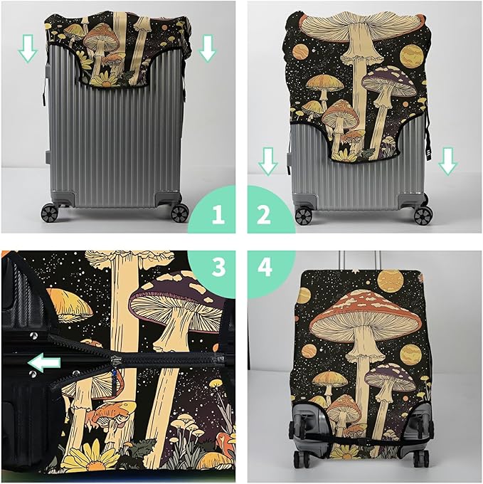 Luggage Cover + Tag, Mushrooms Travel Suitcase Protector for 18-20 inch Luggage (S) with Concealed Zipper, Washable Elastic Cloth, Dustproof, Anti-Scratch