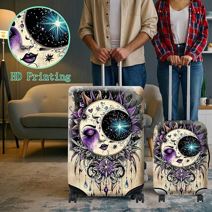Luggage Cover Suitcase Protector Plus 1 Luggage Tag, Gothic Moon Face Travel Suitcase Cover for 18-20 inch Luggage (S) with Concealed Zipper Washable Elastic Cloth Dustproof Anti-Scratch