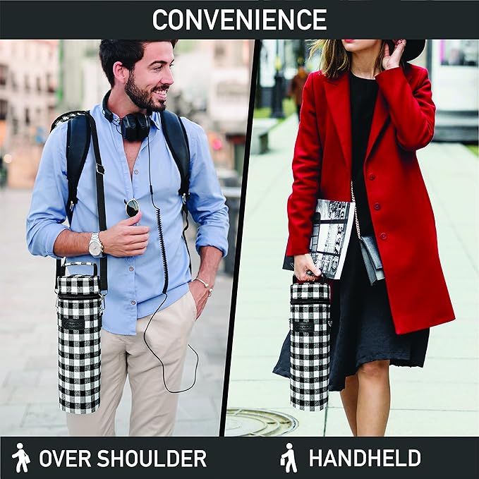 opux Wine Bag Single Bottle Carrier Tote, Insulated Wine Cooler Bag for Travel Picnic Beach with Shoulder Strap, Thermal One Bottle Holder Carrying Case Wine Gift for Women Men, Plaid Buffalo White