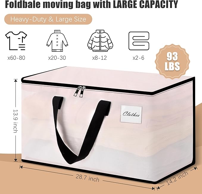 Heavy Duty Moving Bags - Extra Large Packing Bags and Storage Totes, Collapsible and Foldable Option for Moving and Storage, Clear, 93 L - 18 Pack