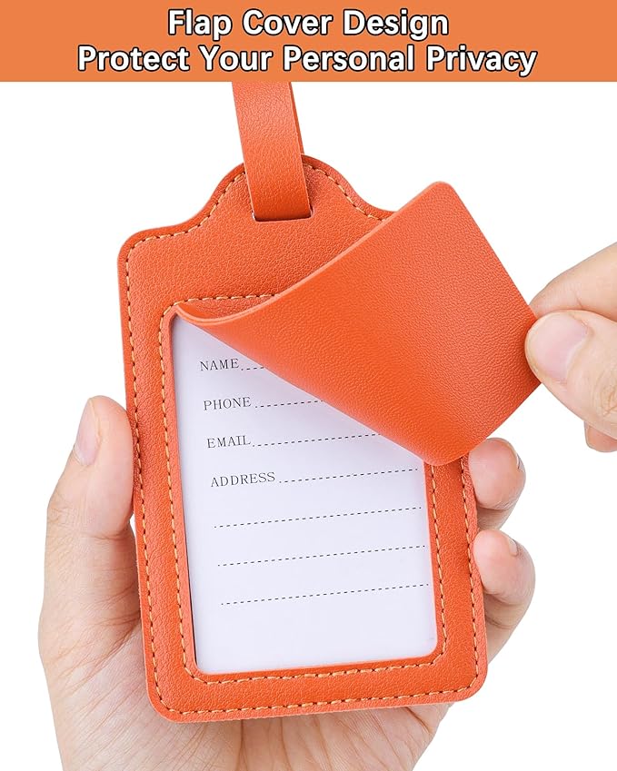 Teskyer Luggage Tags for Suitcases, TSA Approved with Privacy Protection Cover, Premium Faux Leather Bag Tags for Travel - 2 Pack, Orange