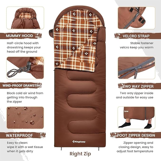 KingCamp Sleeping Bag for Adults, Cold Weather & Warm XL Big and Tall Flannel Sleeping Bags with Compression Sack Portable Waterproof Essentials Gear Accessories for Outdoor Camping