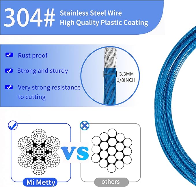 3.3mm (1/8 Inch) Outdoor Travel Stainless Steel Security Cable-10ft Luggage Lock Safety Wire Flexible Steel Wire Rope with Double Loop Safety for Luggage, Bike, Lock(Blue, 10ft-(1Pack)