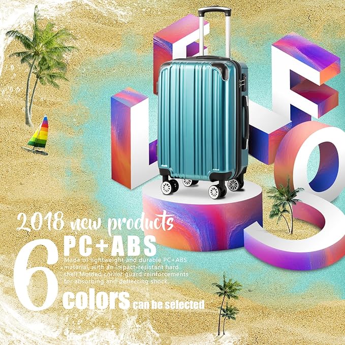 Coolife Luggage Expandable(only 28") Suitcase PC+ABS Spinner 20in 24in 28in Carry on (green new, L(28in))