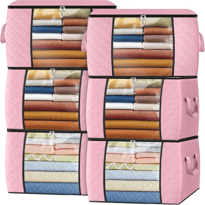 Fab totes 24 Gallons Clothes Storage, Foldable Thick Fabric Blanket Storage Bags, Containers for Organizing Bedroom, Closet, Clothing, Comforter, Organization with Handle (6 Pack,Pink)