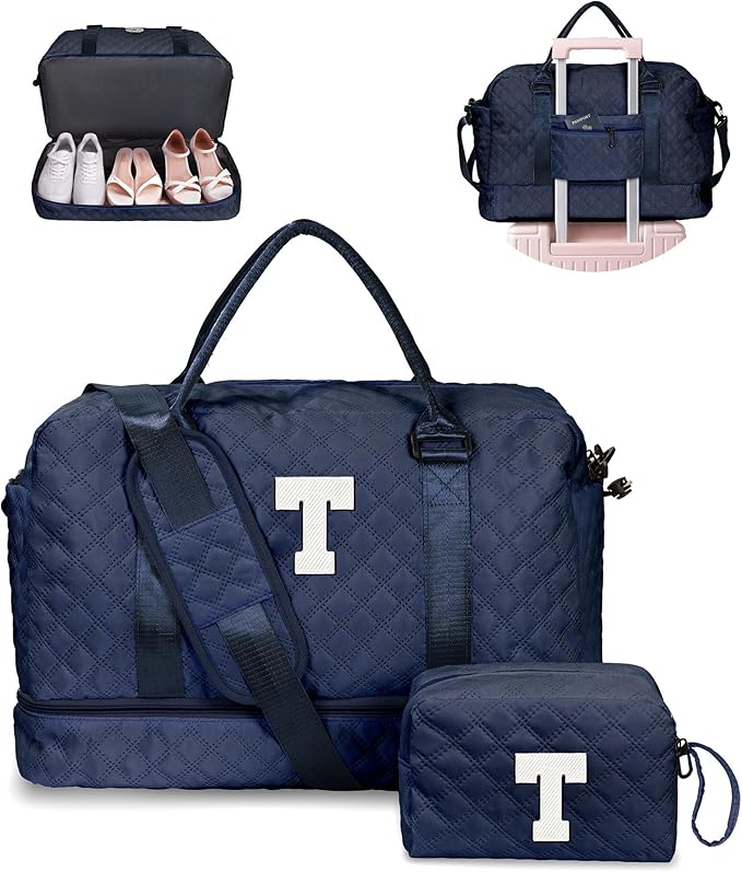 Gifts for 9 10 11 12 13 14 15 16 17 Year Old Girls-Duffle Bag with Shoe Compartment, Personalized Weekender Bag, Travel Bag with Makeup Bag，Birthday Gifts for Women Friendship (Letter T)