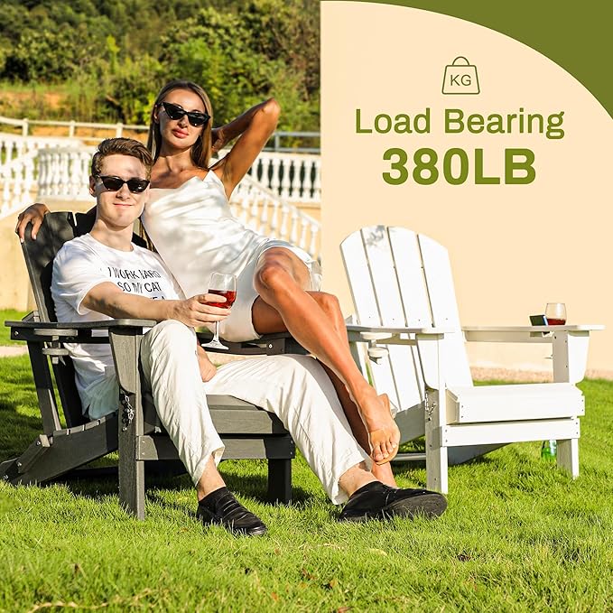 SERWALL Adirondack Chair with Cup Holders - Composite Adirondack Chairs Set of 2 HDPE Outdoor Chairs All Weather Use- White