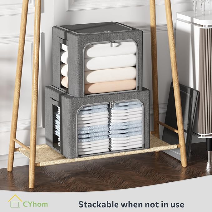 4 Pack Clothes Storage Bins with Metal Frame - Linen Fabric Foldable Stackable Container Organizer Set with Clear Window & Carry Handles & Zippers (Dark Gray, 15.7"x11.8"x7.8")