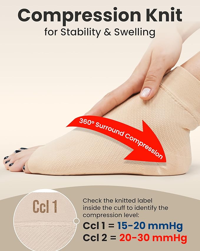 KEMFORD Ankle Compression Sleeve - Plantar Fasciitis Braces - Open Toe Compression Socks for Swelling, Sprain, Neuropathy, Foot Arch Support for Men and Women - 20-30mmhg, XL, Beige