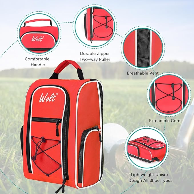 Wolt Golf Shoe Bag - Sports & Travel Shoes Carrier Bags with Ventilation & Double Outside Accessory Pocket for Socks, Tees, Golf Balls, etc. for women and men (Red)