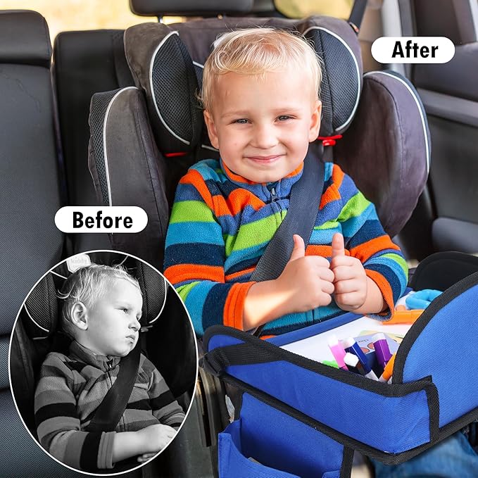 Kids Travel Tray for Airplane - Toddler Car Seat Table Tray, Road Trip Essentials for Boys & Girls, Carseat Lap Desk for Kids Road Trip Activities(Navy Blue)