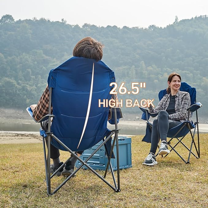 EVER ADVANCED High Back Folding Camping Chair Oversized and Fully Padded, Portable Quad Camp Lawn Chair Up to 400 lbs, with Cup Holder Armrest Carrying Bag