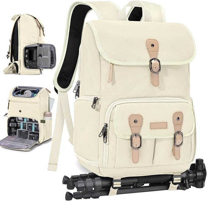 RAINSMORE Camera Bag Backpack for DSLR/SLR Mirrorless 15.6 Inch Laptop Camera Back Pack for Photographers Anti-Theft Photography Bags Case with Tripod Holder & Rain Cover, Beige