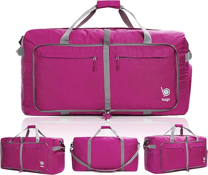 Bago Big XXL Foldable Duffel Bags for Traveling Women & Men - 140L Packable Duffle Bag for Travel with Shoe Compartment - Water Repellant, Heavy Duty, Lightweight Folding & Collapsible (Pink)