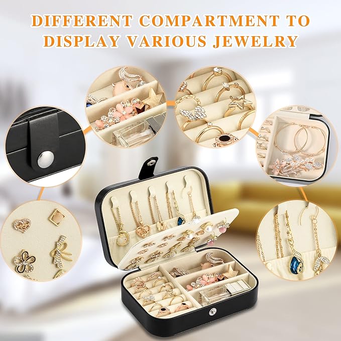 Travel Jewelry Box, PU leather Small Jewelry Organizer For Female Girls, double layer portable mini travel case for storing earrings, rings, necklaces.(Black 2pcs)