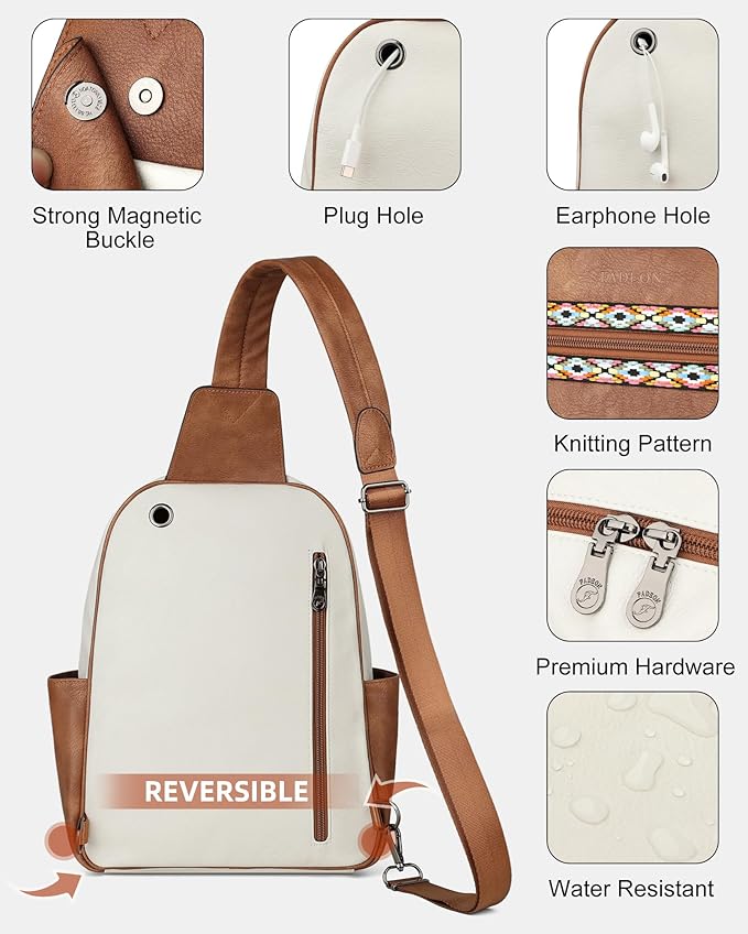 FADEON Large Sling Bag for Women, Leather Crossbody Purse Designer Anti Theft Sling Backpack, RFID Fanny Packs for Travel