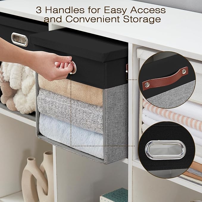 Fabric Storage Cubes with Clear Windows and Lids 11'' Foldable Storage Bins with 3 Handles, Decorative Storage Boxes for Home, Bedroom, Closet, Office (Black&Gray)