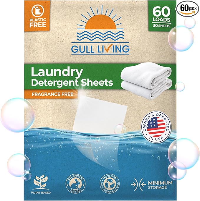 Gull Living Home Travel Laundry Detergent Sheets - 60 Loads Pack - Eco Laundry Detergent Sheets Unscented - Tackles Tough Stains - Travel Friendly