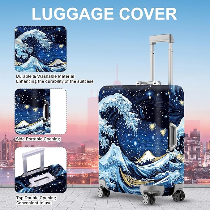 ANNA QUEEN Starry Ocean Wave Luggage Cover, Suitcase Protector with Artistic Van Gogh Style, Stretchable, Washable Travel Cover for 24-26 Inch Luggage