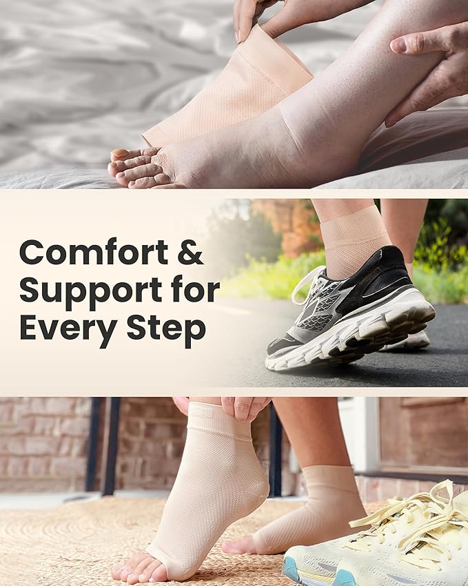 KEMFORD Ankle Compression Sleeve - Plantar Fasciitis Braces - Open Toe Compression Socks for Swelling, Sprain, Neuropathy, Foot Arch Support for Men and Women - 20-30mmhg, L, White