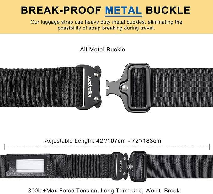 Vigorport Luggage Straps for Suitcases TSA Approved Suitcase Belt, Stretchable Travel Strap for Luggage, Heavy Duty Metal Buckle Luggage Belt Strap (Black, 72" Long/1PK)