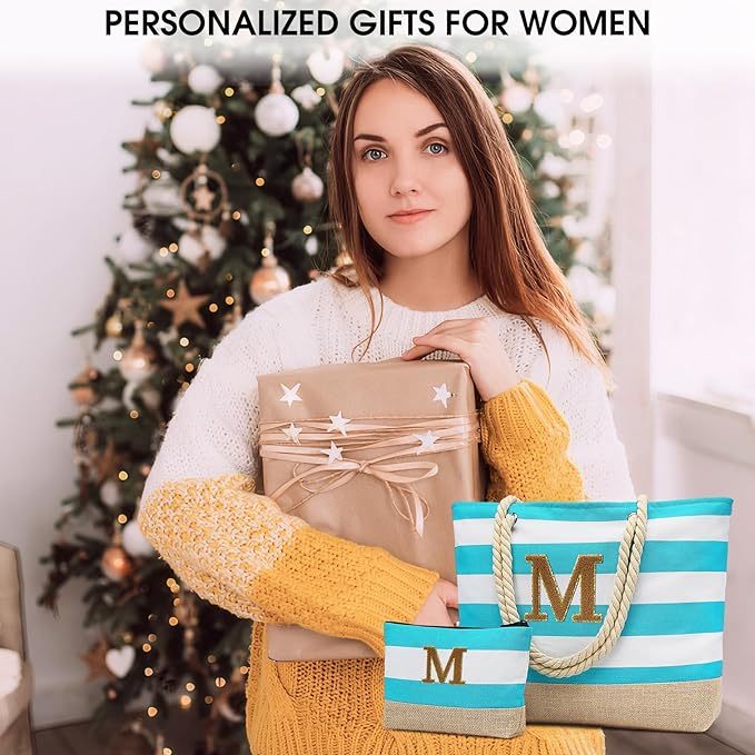 Becokan Beach Bag Initial Beach Tote with Makeup Bag for Travel Work Storage Personalized Birthday Gifts for Women Her