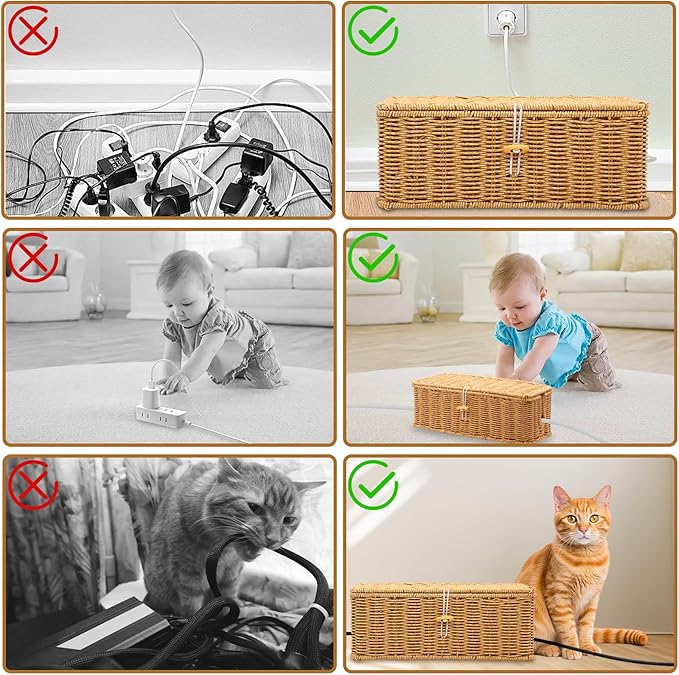 2PCS Cable Management Box, Handmade Rattan Cable Organizer, Open Slots Cords Hider Box, Under Desk Cord Organizer for Computer Router USB Hub & Power Strip