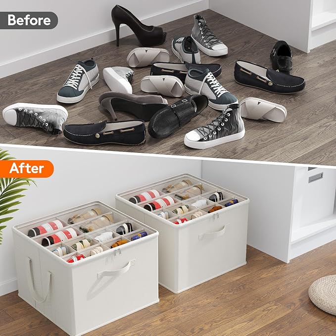 Lifewit Shoe Storage Organizer for Closet, Fits 12-16 Pairs, Large Shoe Box Storage Containers with Clear Cover and Reinforced Handles,Foldable Storage Bins Fits for Boots Heels Sneakers,2 Pack White