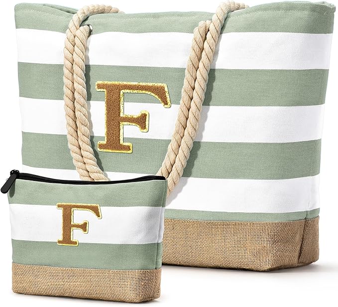 Becokan Beach Bag Initial Beach Tote with Makeup Bag for Travel Work Storage Personalized Birthday Gifts for Women Her