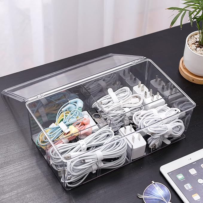 Yesesion Clear Plastic Cord Organizer Box with Adjustment Compartments, Large Cable Management Case with Lid and 10 Wire Ties for Desk Drawer, Home Office, Art Supply, Electronic Accessories (1 PACK)