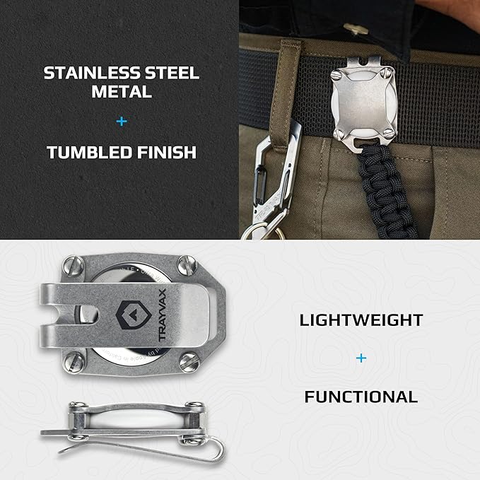 Trayvax Tracer Apple Airtag Keychain, Stainless Steel Air Tag Holder Key Chain with Pocket Clip, and Lanyard Hole, Silver