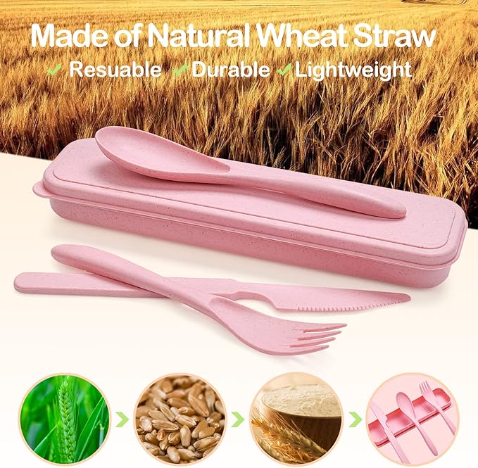 Reusable Travel Utensils Set with Case, 3 Sets Wheat Straw Portable Knife Fork Spoons Cutlery, Eco-Friendly BPA Free Plastic Tableware for Kids Adults Travel Picnic Camping Utensils